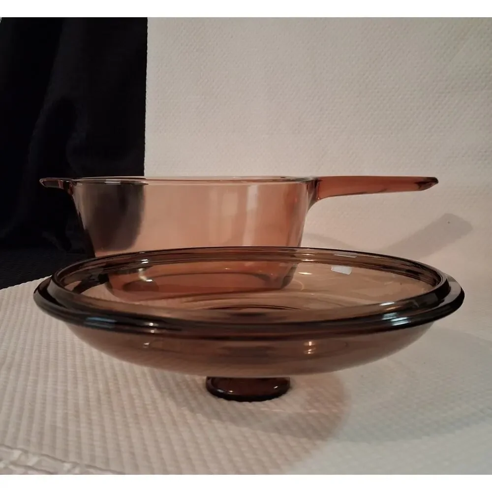 Corning Vision Ware 2.5L Amber Glass Pot Sauce Pan & Lid USA VERY CLEAN